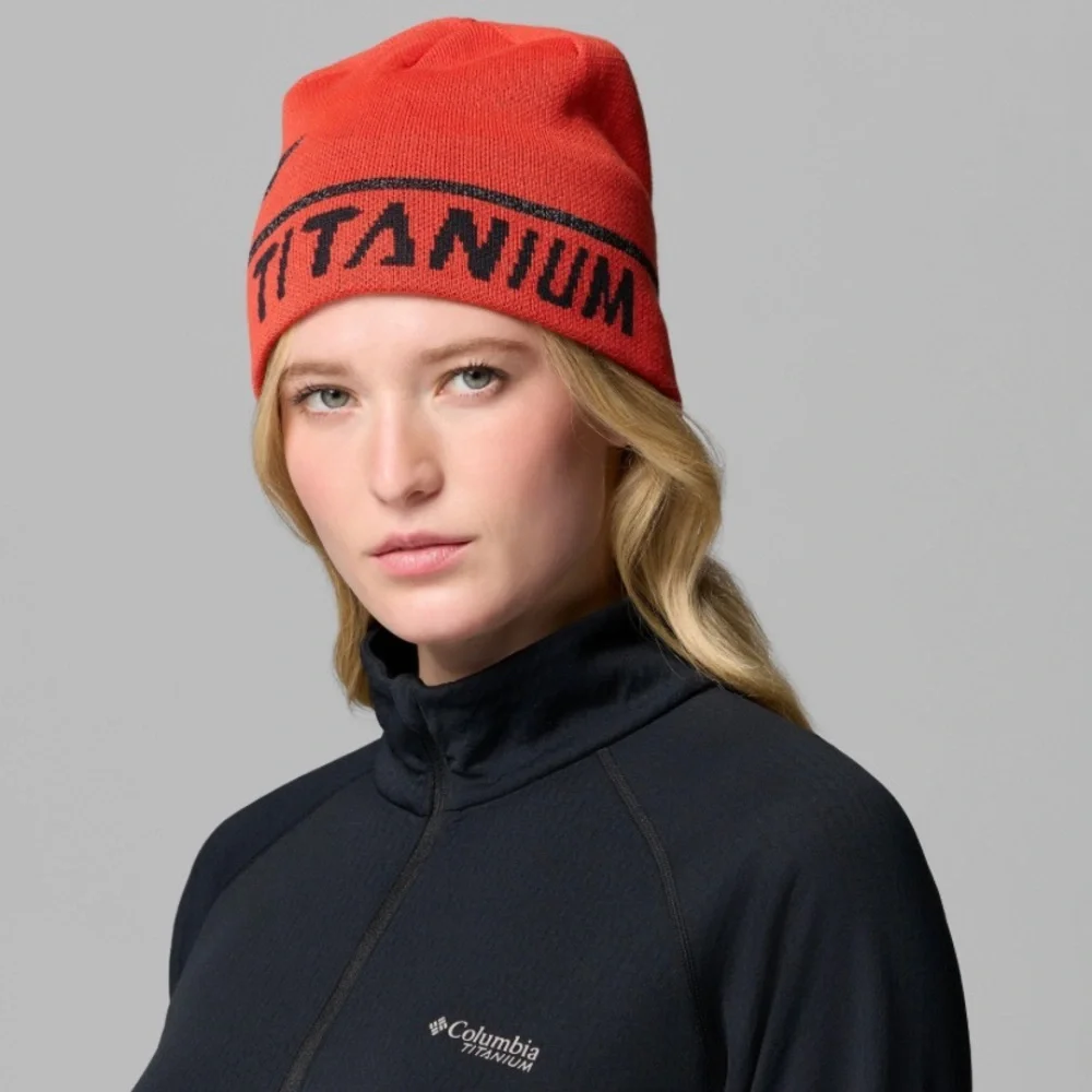 Columbia Titanium Red Knit Beanie with Black Lettering